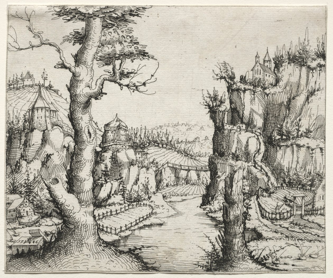 Sağdaki ana soldaki kayalarla Nehir Manzarası, 1546. by Augustin Hirschvogel