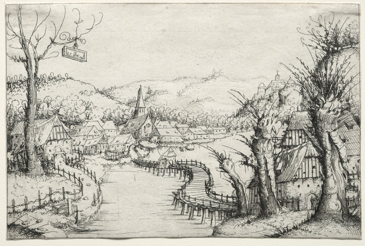Sağda üç çıplak söğüt ağacı ve uzun, dolambaçlı bir ahşap köprü ile Nehir Manzarası..., 1546. by Augustin Hirschvogel