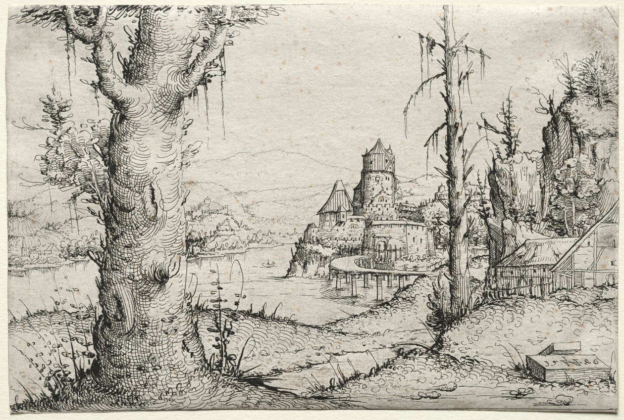 Soldaki büyük ağaçlı nehir manzarası, 1546. by Augustin Hirschvogel