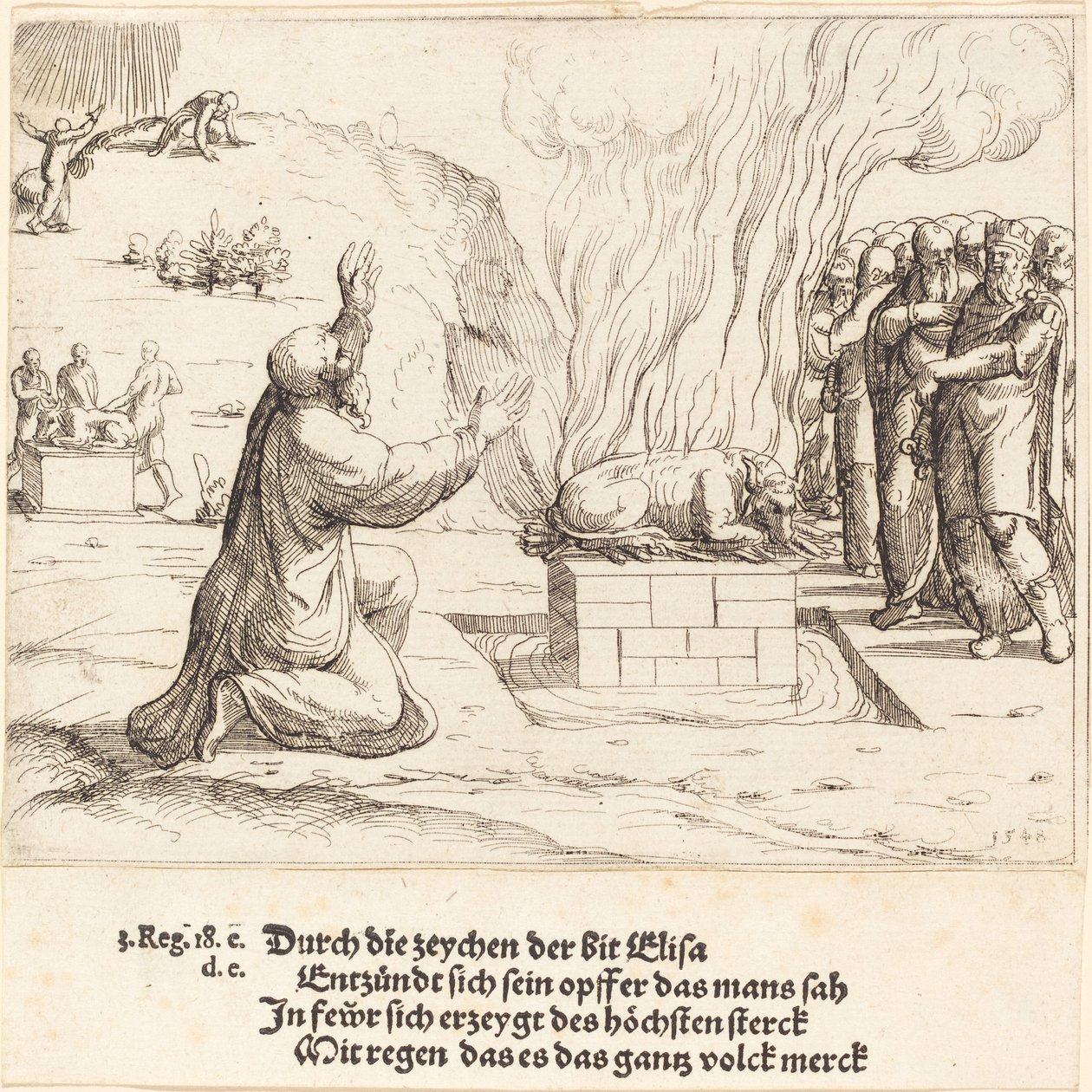 İlyas ve Baal Rahiplerinin Rakip Kurbanları, 1548. by Augustin Hirschvogel