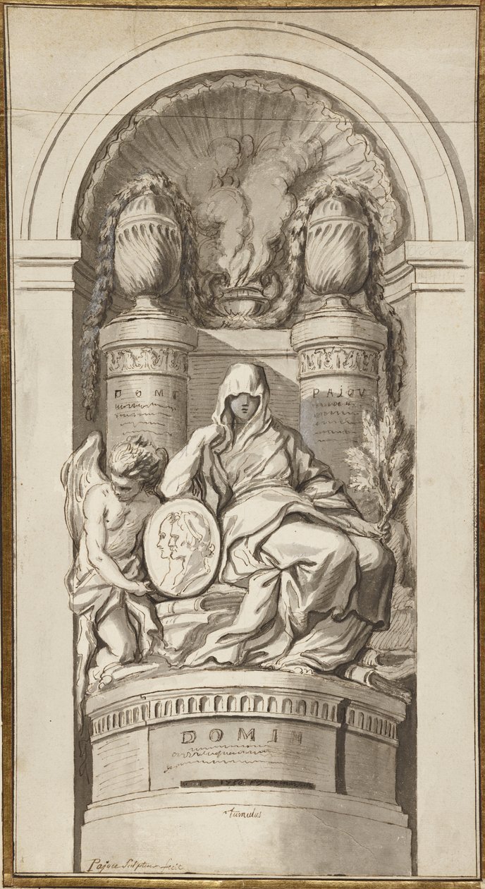 Cenaze Anıtı Çalışması, 1750 (siyah tebeşir, tükenmez kalem ve kahverengi mürekkep, kahverengi ve gri yıkamalar, birleştirilmiş iki yaprak üzerinde beyaz yükselme) by Augustin Pajou