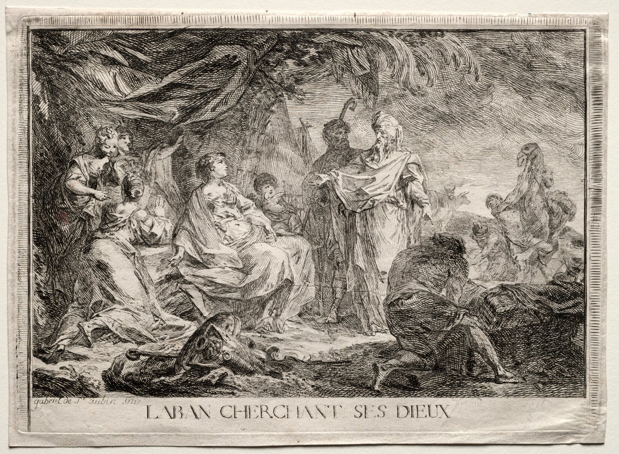 Laban Evindeki Tanrıları Arıyor by Augustin de Saint Aubin