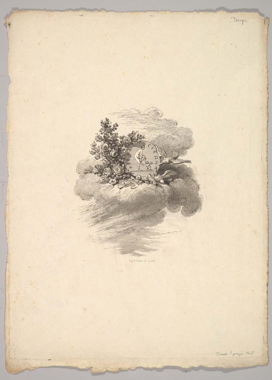 Solda Güller ve Aşağıda ve Sağda Güvercinler ile Bulut Üzerinde Madeni Paralı Vinyet..., 1778-80. by Augustin de Saint Aubin
