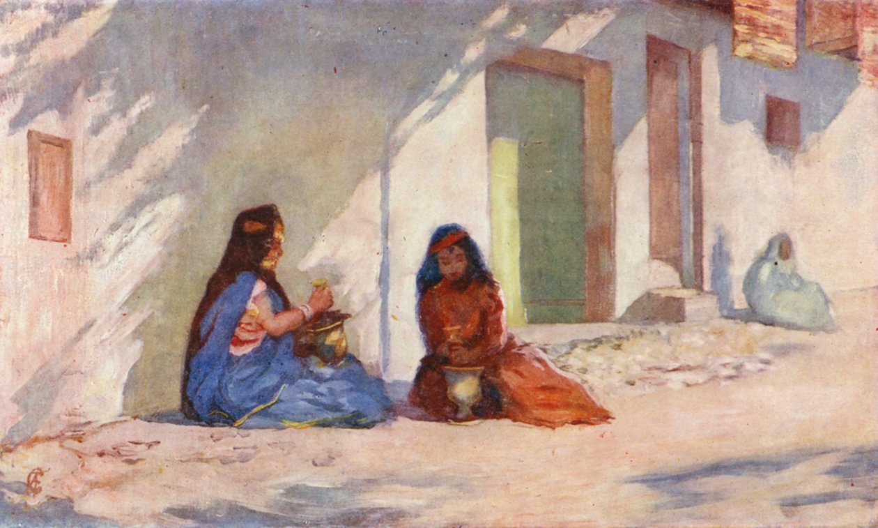 Biskra, Oulid-Nail Kına Yıkayan Kadınlar (renkli taş baskı) by Augustine Fitzgerald