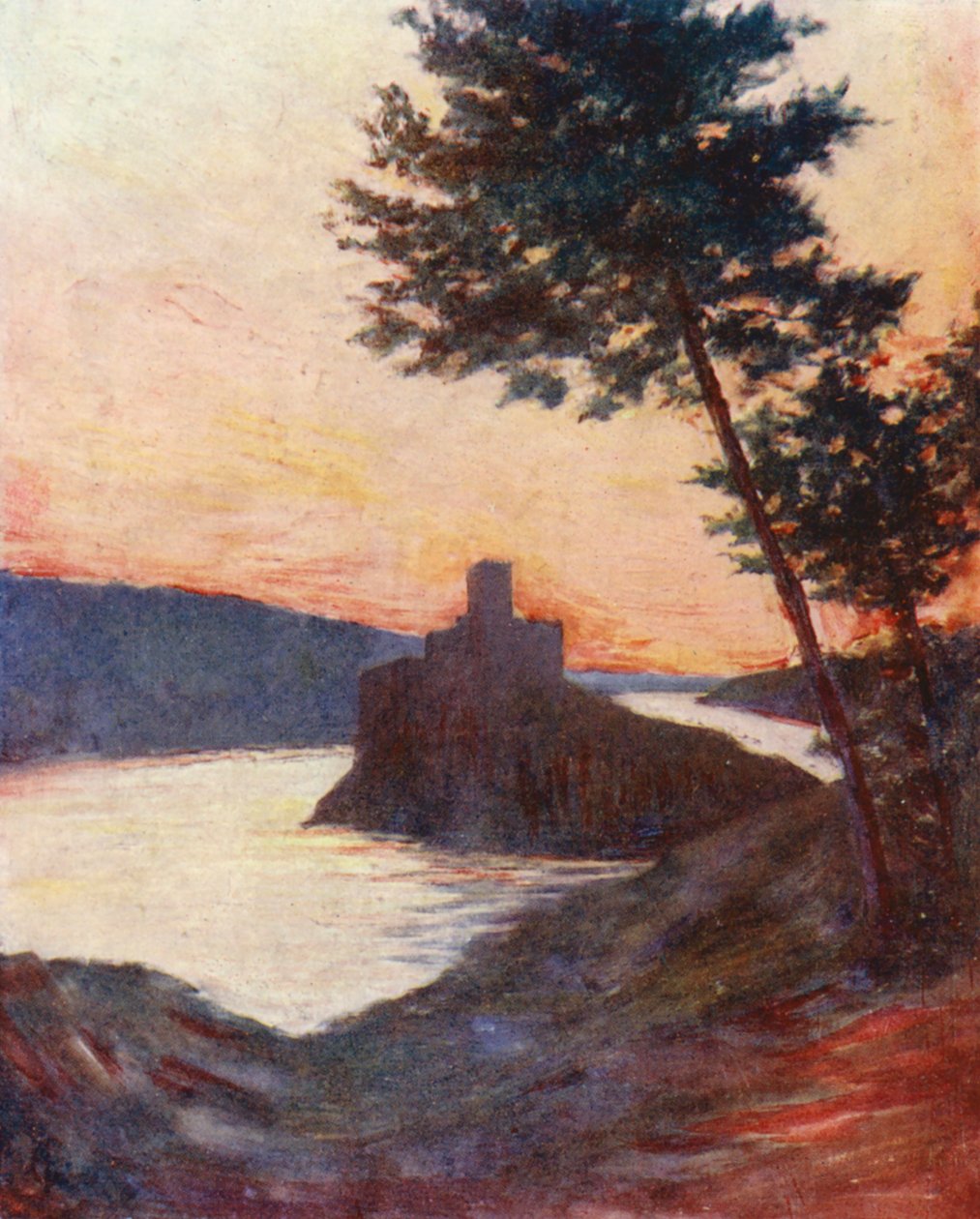 Tagus Nehri üzerindeki Amourel Kalesi, Portekiz (renkli taş baskı) by Augustine Fitzgerald