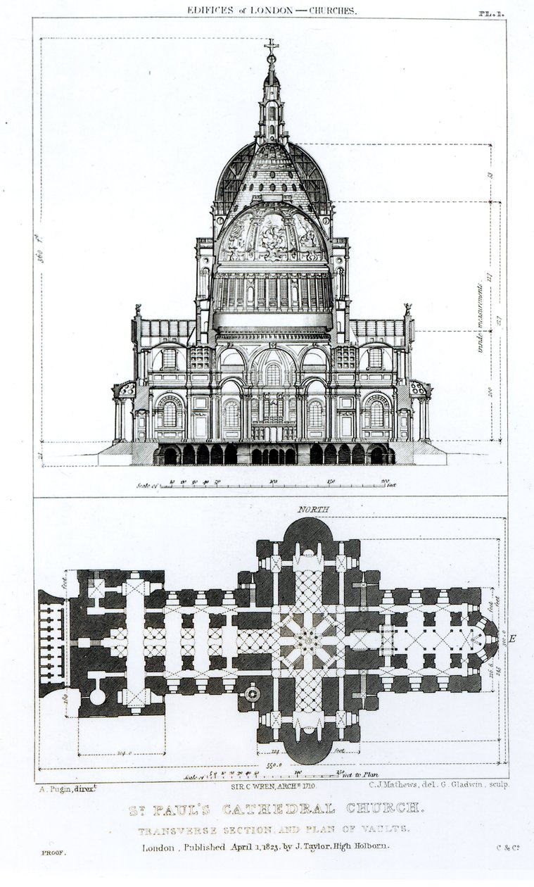 St. Paul Katedrali'nin kesiti ve tonozların planı, CJ Mathews ve G. Gladwin tarafından oyulmuş, 1823'te yayınlandı by Augustus Charles Pugin