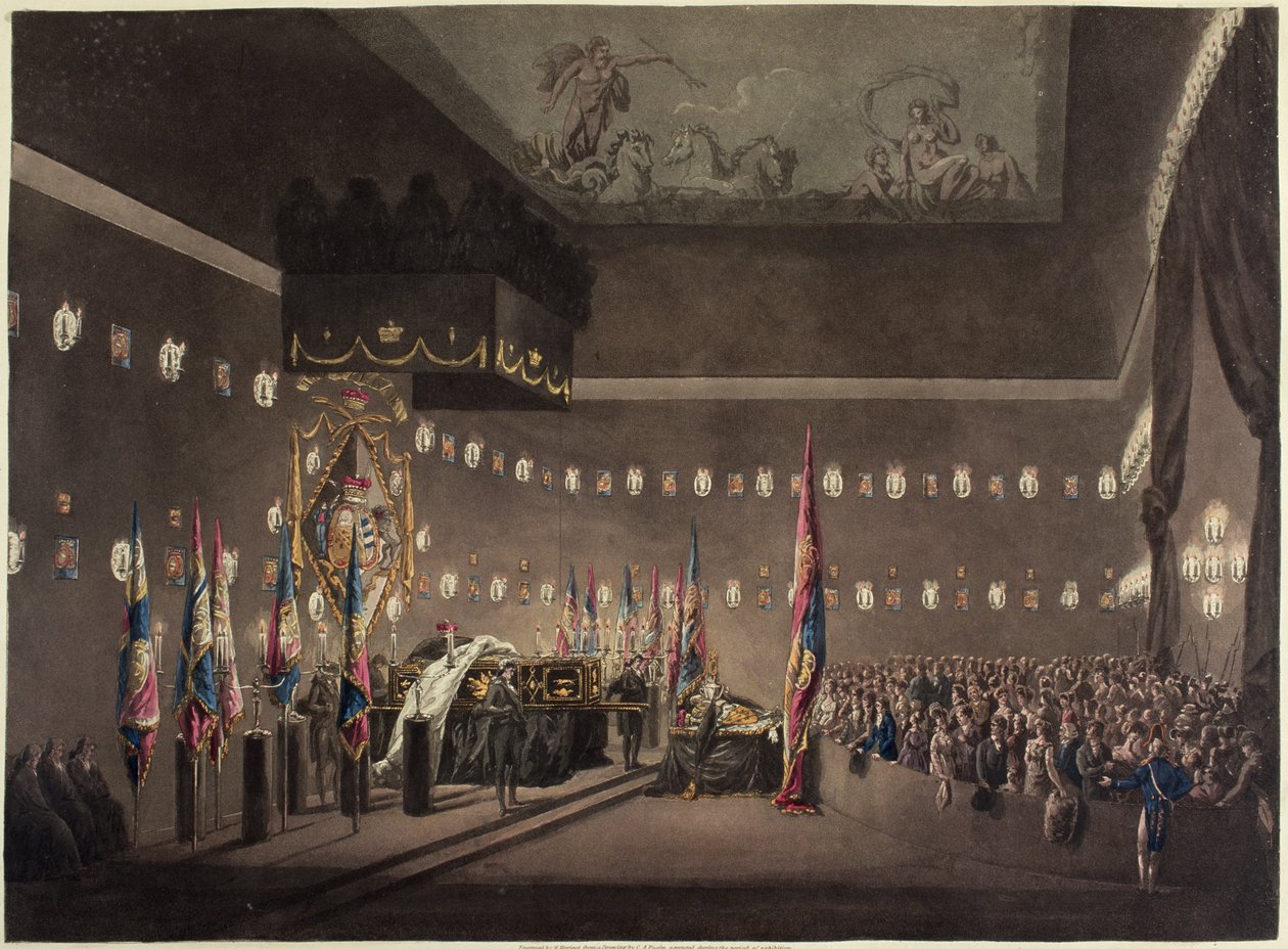 Lord Vikont Nelson'ın Greenwich Hastanesi'ndeki Boyalı Odada Devlette Yatarken Kalıntıları, M. Merigot tarafından oyulmuş, 1806 by Augustus Charles Pugin