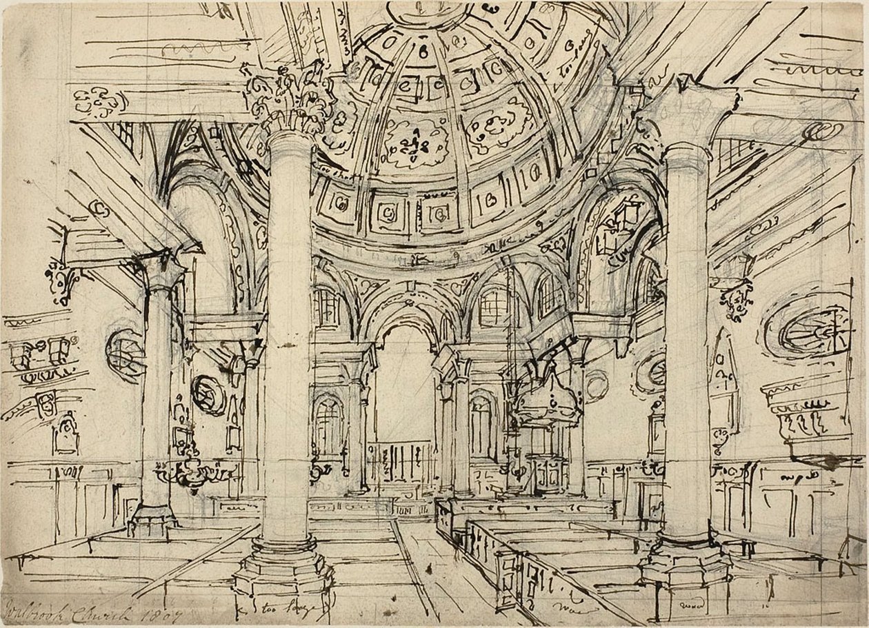 Walbrook Kilisesi için çalışma (rekto); Yelkenli, Erkek ve Bot Eskizleri (ters) by Augustus Charles Pugin