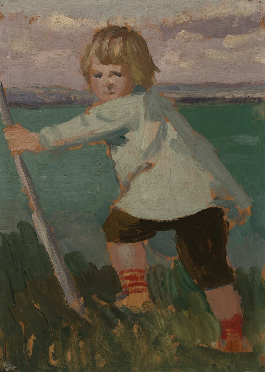 Uçurumun üzerinde bir sopaya yaslanmış çocuk by Augustus John