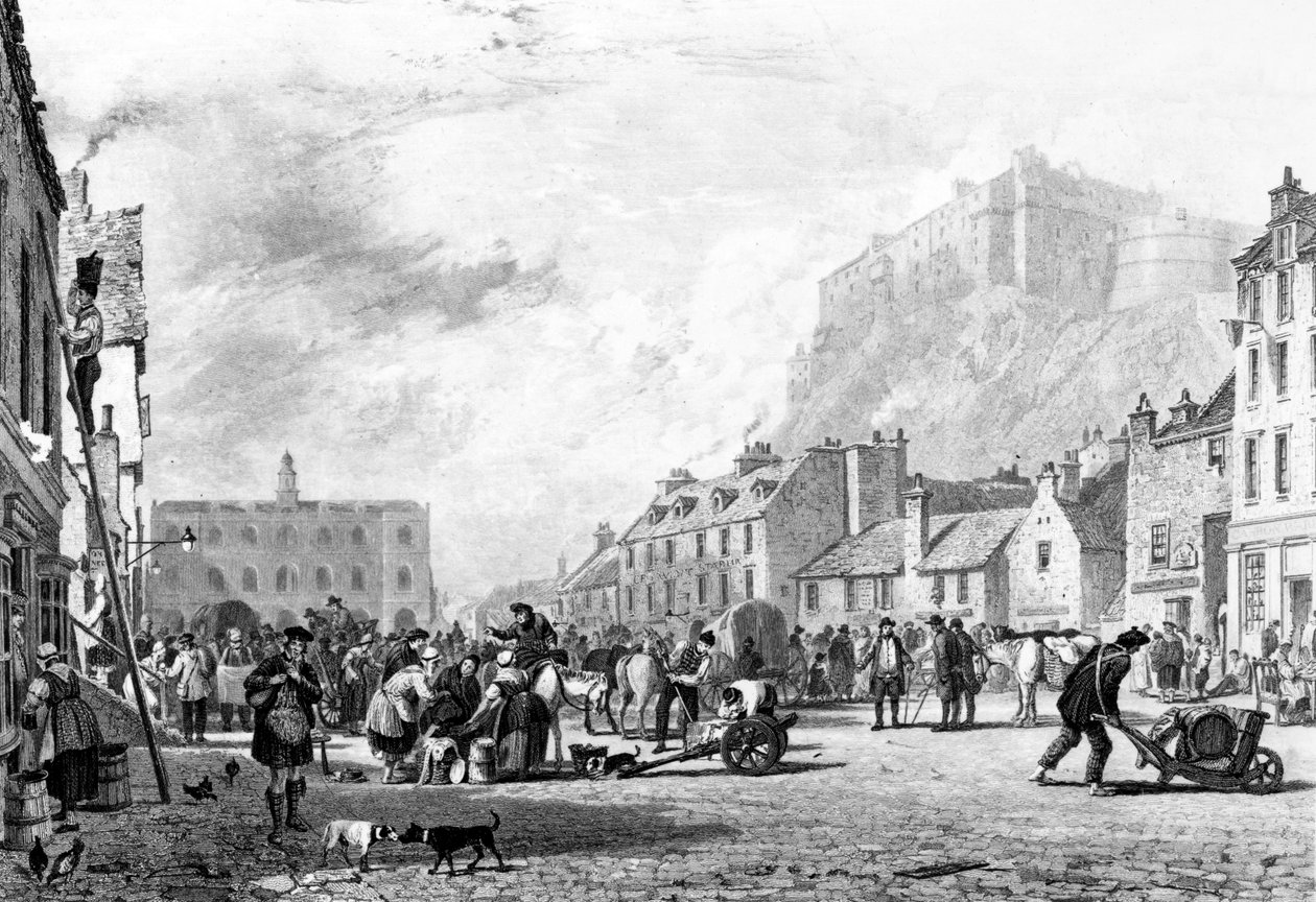 The Castle from the Grass Market, Edinburgh, etched by George Cooke and Henry Le Keux, 1820  by Augustus Wall Callcott