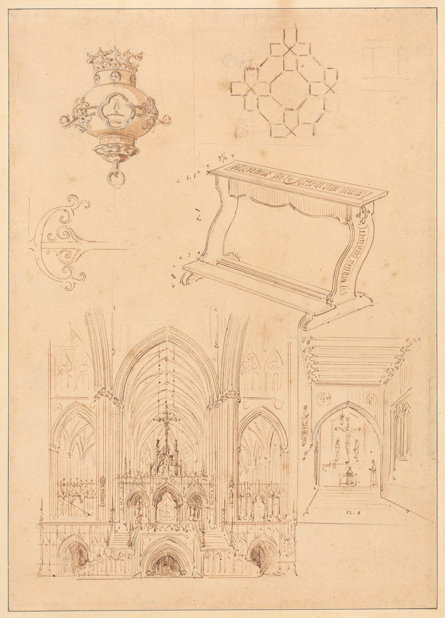 Gotik Süsleme Tasarımları, Bir Diz Çökmüş ve Gotik Kiliselerin İç Mekanlarının İki Taslağı by Augustus Welby Northmore Pugin