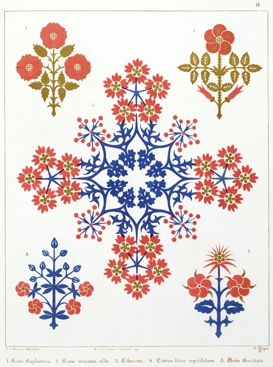 M. und N. Hanhart tarafından basılan menekşe, süsen ve lale motifli duvar kağıdı tasarımı by Augustus Welby Northmore Pugin