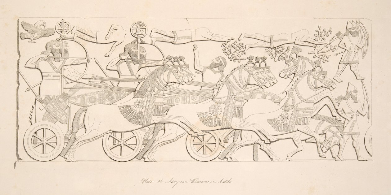 Savaşta Asur Savaşçıları, Nineveh Anıtları, pub. 1849 by Austen Henry Layard