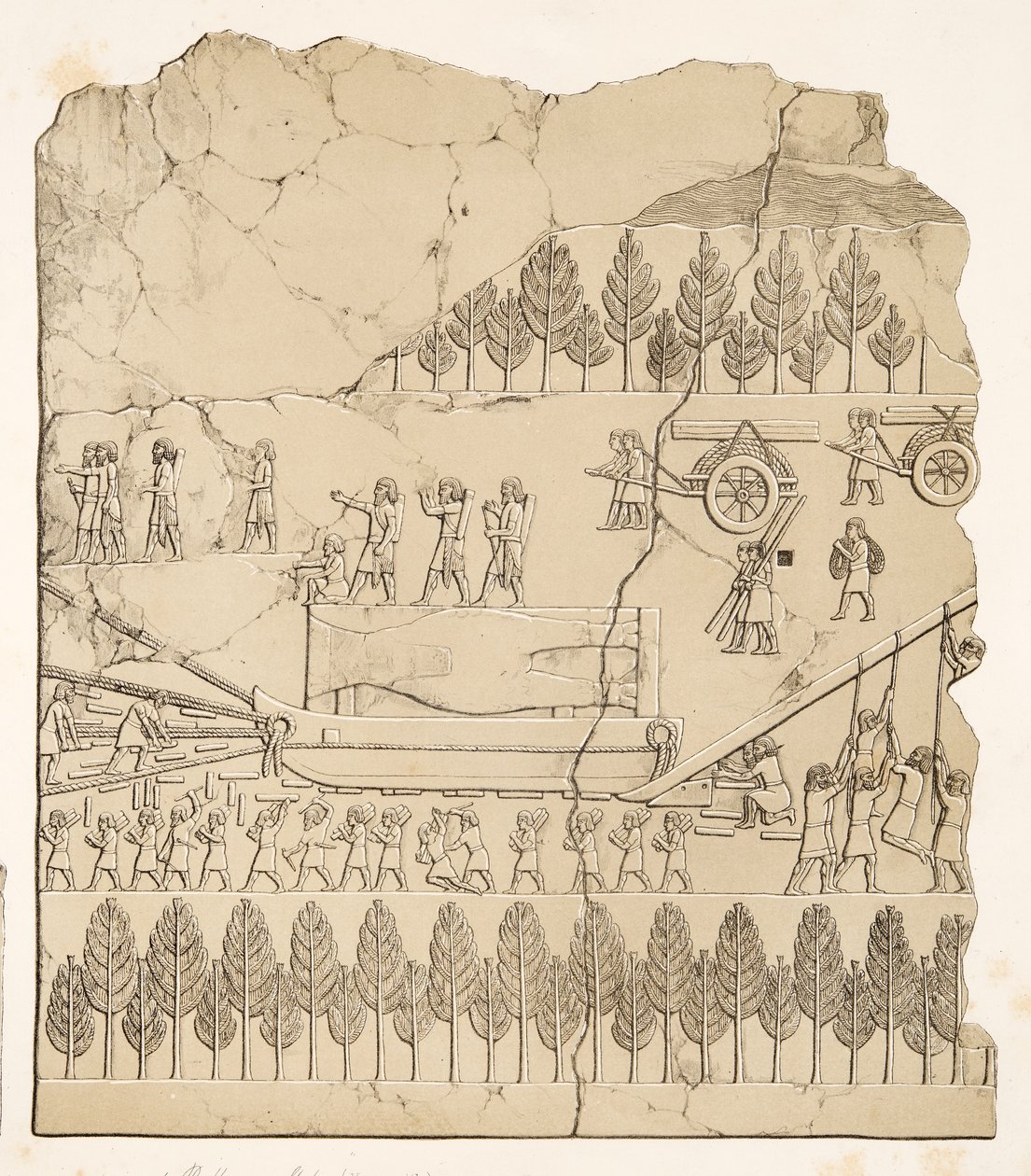 Nineveh Anıtları, pub'dan bir Kızak üzerinde kanatlı bir Boğa (Kouyunjik) taşıyan Asurlular. 1849 (gravür) by Austen Henry Layard
