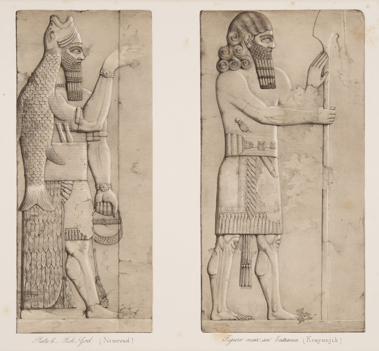 Balık Tanrısı (Nimrud) ve Girişe Yakın Figür (Kouyunjik), Nineveh Anıtlarından, pub. 1849 by Austen Henry Layard
