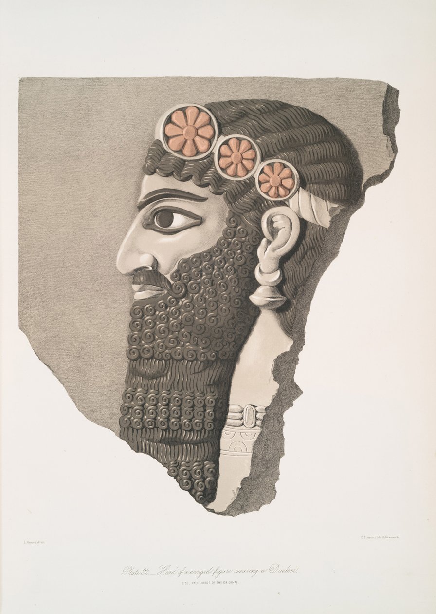 Taç takan kanatlı bir figürün başı, 1849 by Austen Henry Layard