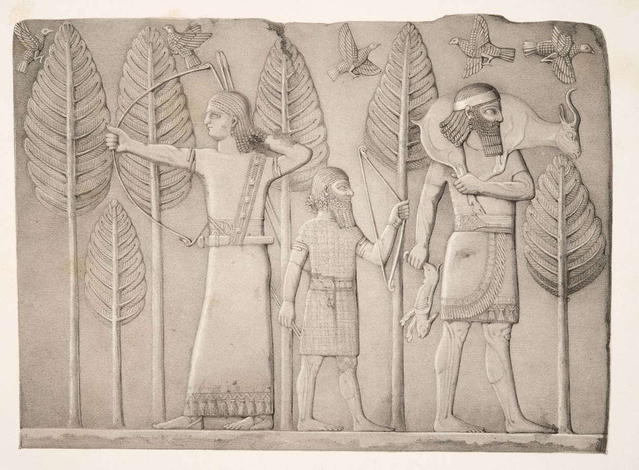 Ceylanlı, tavşanlı ve kuşlu avcılar (Khorsabad), Ninova Anıtları, pub. 1849 by Austen Henry Layard