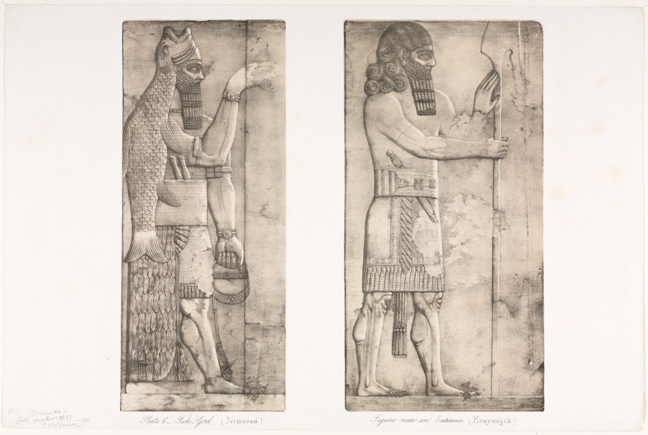 Ninova Anıtları: Levha 6, Balık tanrısı (Nimrud); Bir Girişe Yakın Şekil (Kouyunjik) by Austen Henry Layard