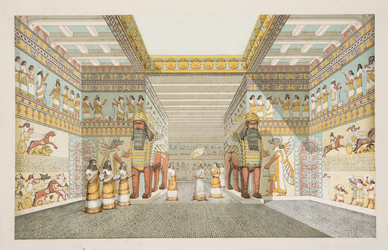 Nineveh Anıtlarından bir Asur sarayının Salonunun yeniden inşası, pub. 1849 (el renkli gravür) by Austen Henry Layard