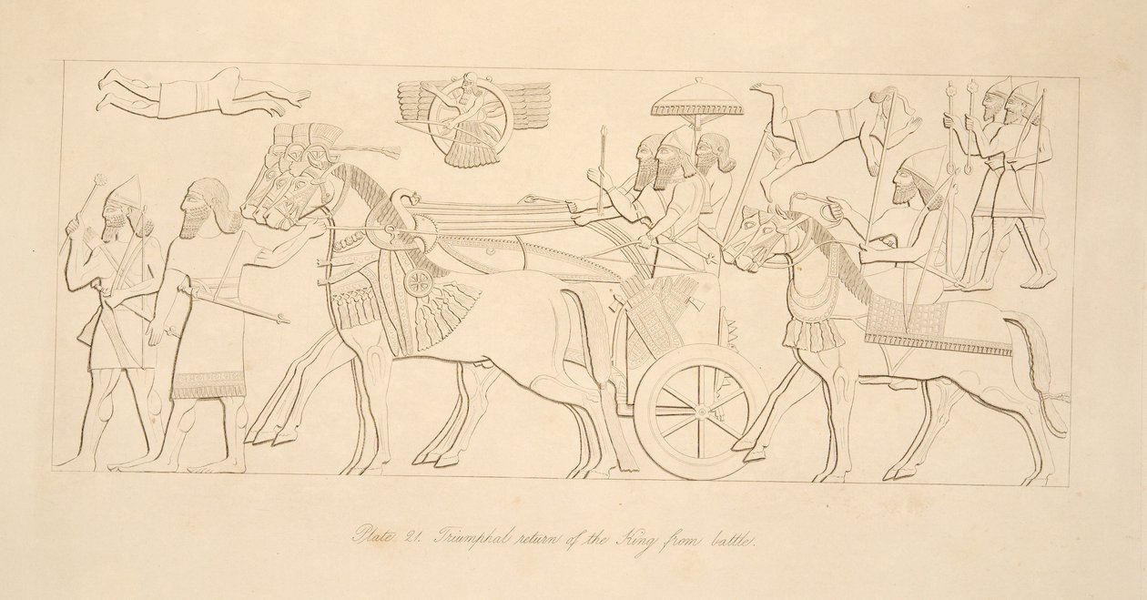 Kralın savaştan zaferle dönüşü, Nineveh Anıtları, pub. 1849 by Austen Henry Layard