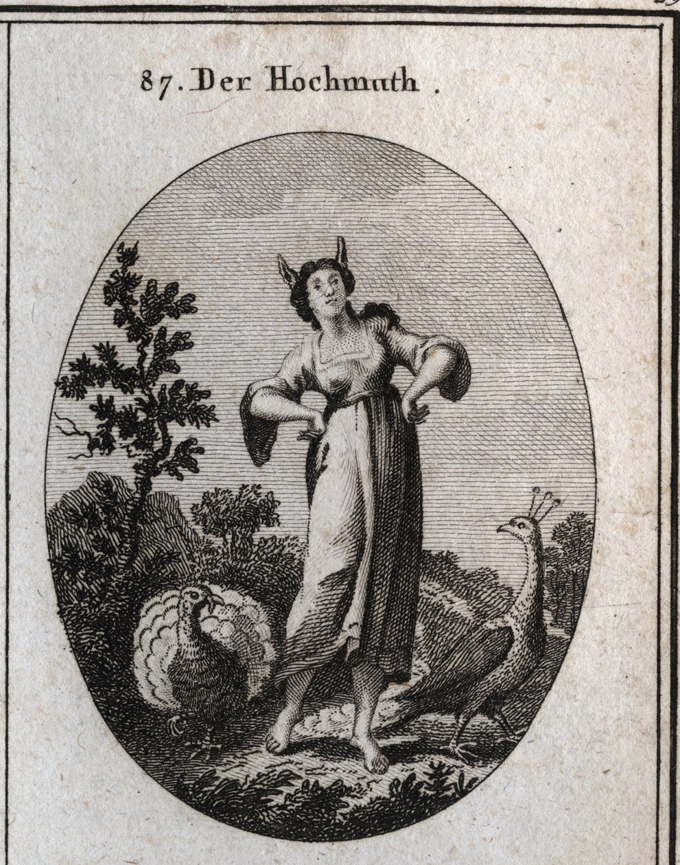 Kibir alegorisi. Eşek kulakları cehaleti, duruşu ise gururunu ifade eder. Tavus kuşu gururun simgesidir ve tekerleği yapan hindi aptallığın simgesidir. Gravür, Iconologie oder Ideen aus dem Gebiete der Leidenschaften und All by Austrian School