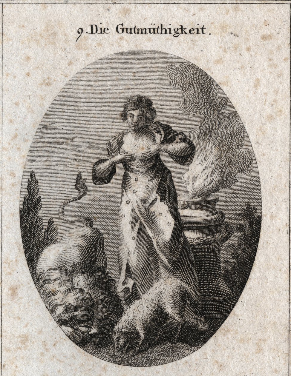 Benignitenin aynı zamanda emzirme alegorisi, bir kuzu ve bir aslan, en zayıf ve en güçlü eşittir. Sunaktaki ateş, dini duyguları ifade eder. Gravür "" Iconologie oder Ideen aus dem Gebiete der Leidenschaften und Allegorien bildich darg by Austrian School