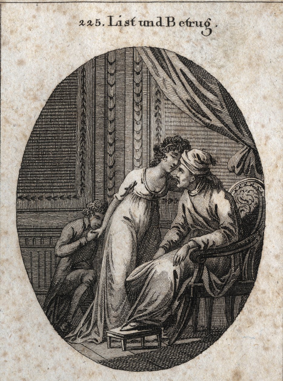 Kurnazlık ve aldatma alegorisi. İfade: Seni her zamankinden daha fazla okşayan, seni aldattığının veya aldatmak istediğinin bir işaretidir. Gravür, Iconologie oder Ideen aus dem Gebiete der Leidenschaften und Allegorien bildich by Austrian School