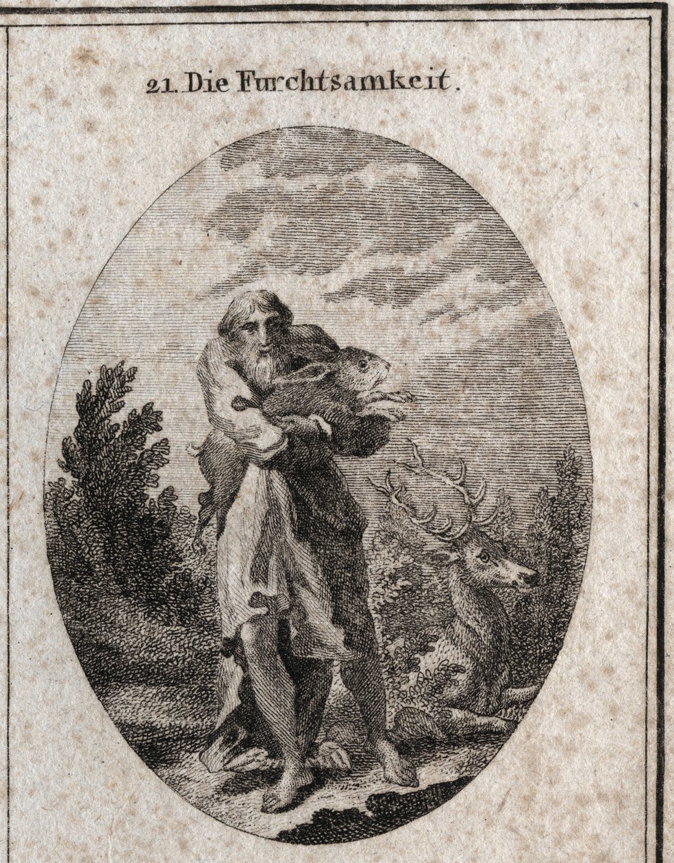 Ayak kanatları kaçmaya elverişli yaşlı bir adam kılığında korku alegorisi. Nitelikleri tavşan ve geyiktir. Ressamlar, ressamlar, şairler, ge by Austrian School