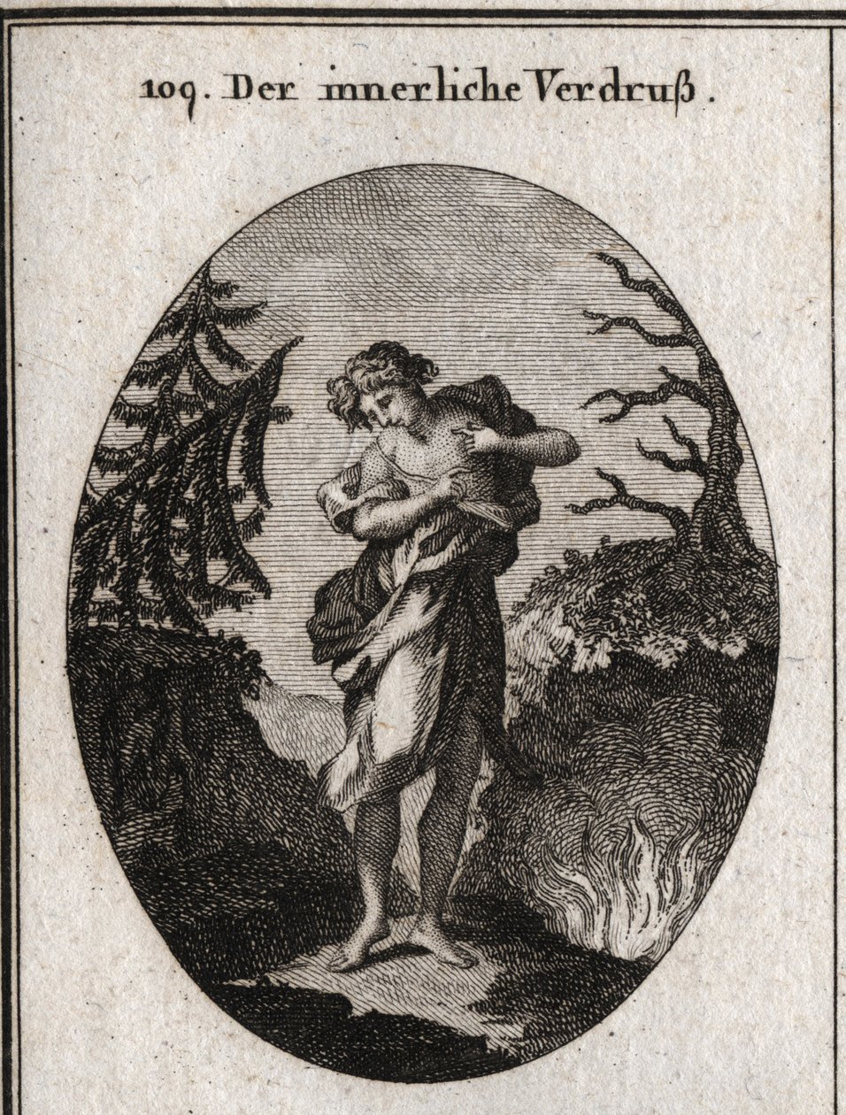 Yüzün hüznü ve uyum bozukluğu ile temsil edilen içsel keder alegorisi. Göğsü birkaç yılan tarafından yiyor gibi görünüyor. Gravür, Iconologie oder Ideen aus dem Gebiete der Leidenschaften und Allegorien bildich dargestell by Austrian School