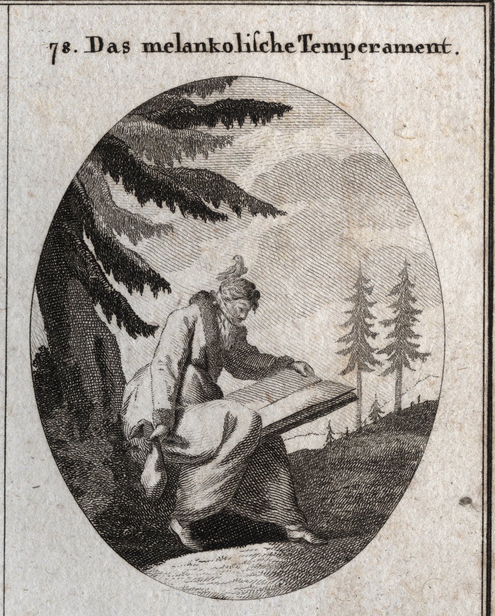 Melankolik ten alegorisi. Bir kitap ve bir çanta tutar ve ağzı bir göz bağıyla kapatılır. Kafasına bir kuş oturur. Ressam, Mah için tasvir edilen tutkular ve alegoriler alanından "" ikonoloji veya fikirlerde gravür by Austrian School