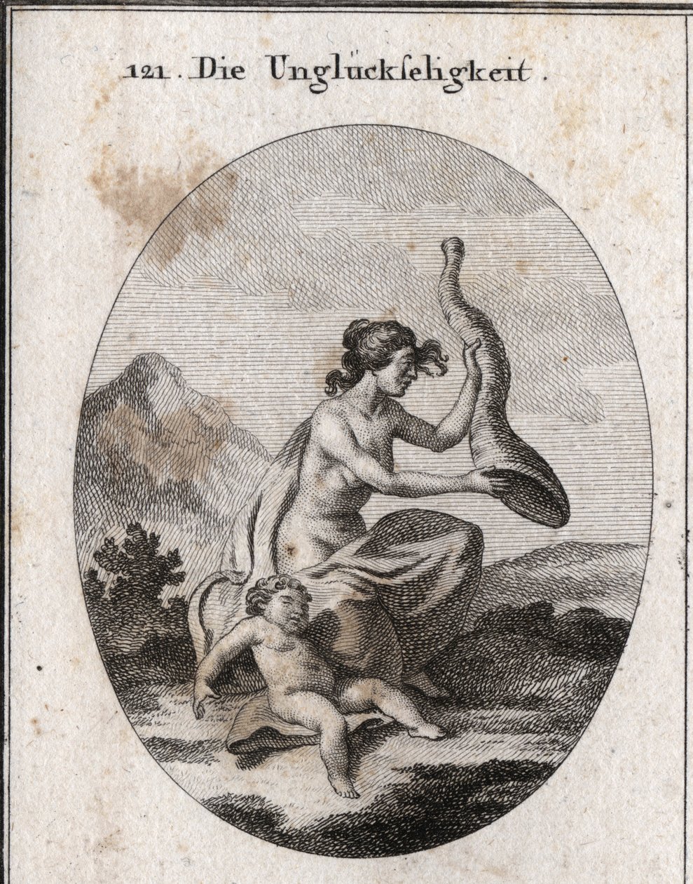 Talihsizlik alegorisi, yetersiz ve kapsamlı temsil edildi. Nitelikleri, salladığı ve boş olduğu bir bolluk boynuzu ve açlıktan ölen bir çocuktur. Gravür, Iconologie oder Ideen aus dem Gebiete der Leidenschaften und Allegorien bi by Austrian School