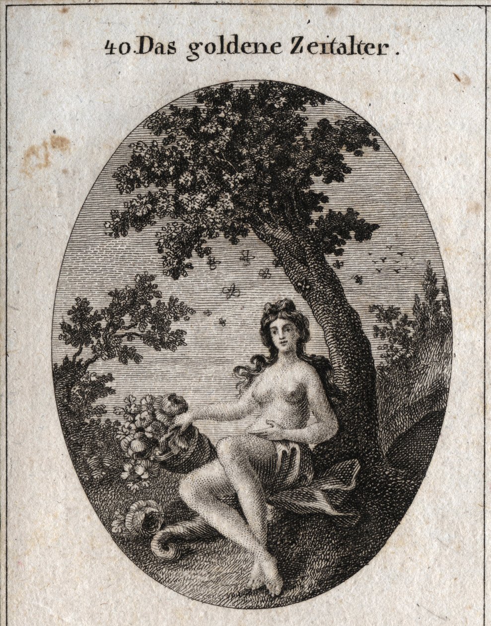 Altın çağın alegorisi, ortasında bir arı sürüsünün bulunduğu bir zeytin ağacının yanında oturan, bol meyveli bir boynuzla temsil edilir. Gravür, Iconologie oder Ideen aus dem Gebiete der Leidenschaften und Allegorien bildich by Austrian School