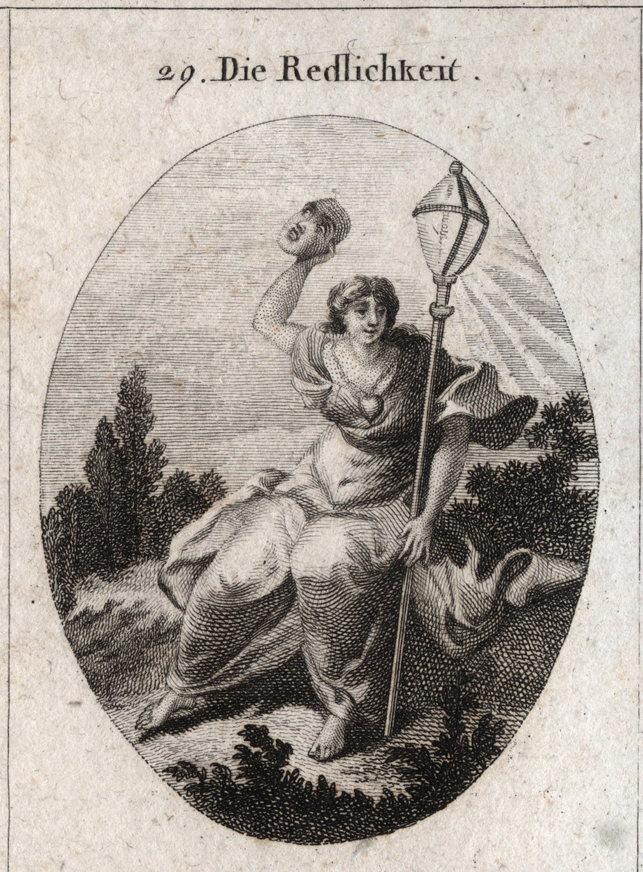 Aldatma ve yalanın özelliği olan bir maske atan sadık (veya samimi) alegorisi. Amblemi, yıldırımın bir hristiyan fener sembolüdür. Göğsüne bir kalp çizilir. Gravür, Iconologie oder Ideen aus dem Gebiete der Leidenschaften by Austrian School