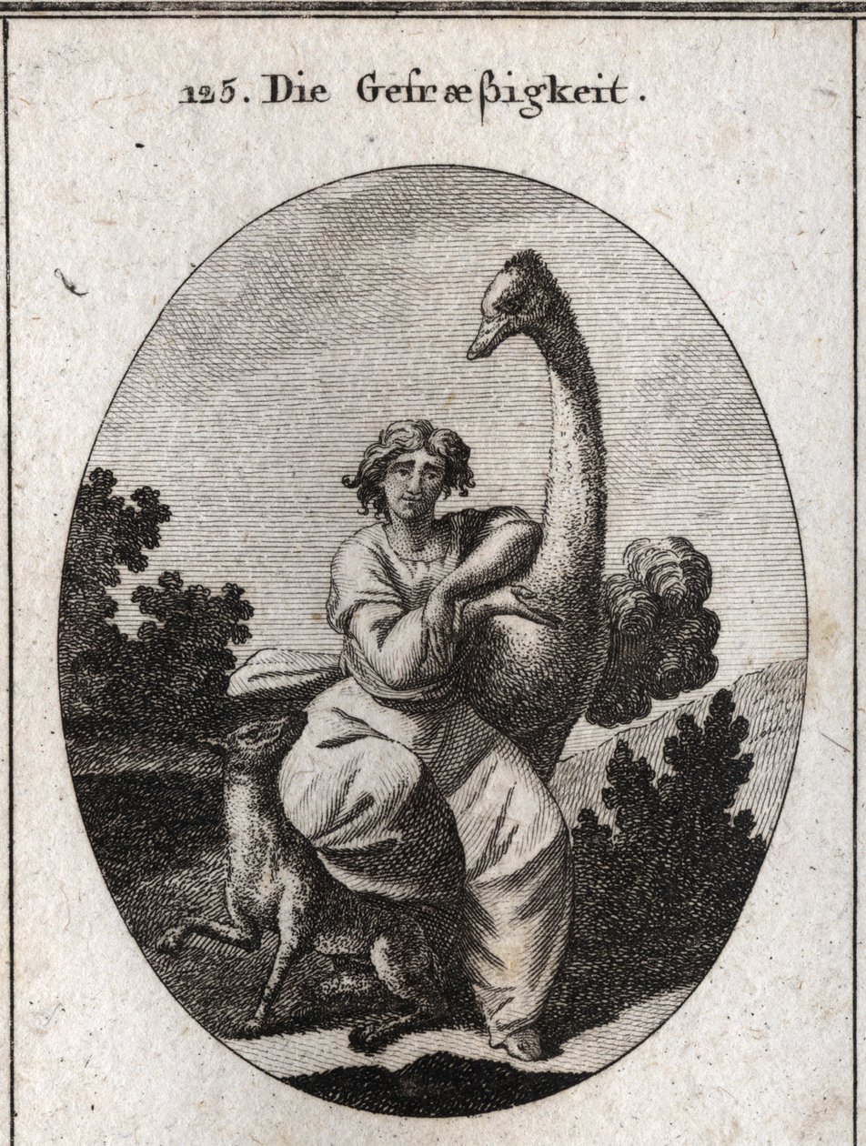 Vorasitis alegorisi. Devekuşu açgözlülüğün özelliğidir, daha fazla açgözlülük için zayıf ve aç bir kurt ekliyoruz. Ressamlar, ressamlar, şairler, G by Austrian School