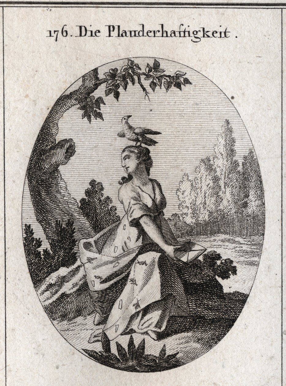 Babil alegori. Perdesi ağustosböcekleri ve dillerle doludur. Onun özelliği kargadır. Ressamlar, ressamlar, şairler, akademisyenler, eğitimciler ve serbest çalışanlar için tasvir edilen tutkular ve alegoriler alanından ikonoloji veya fikirlerde "" gravür by Austrian School