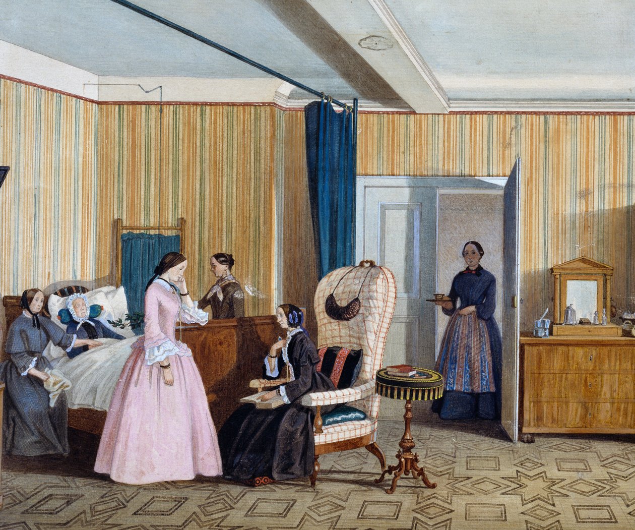 Biedermeier tarzı yatak odası, sulu boya, Avusturya by Austrian School