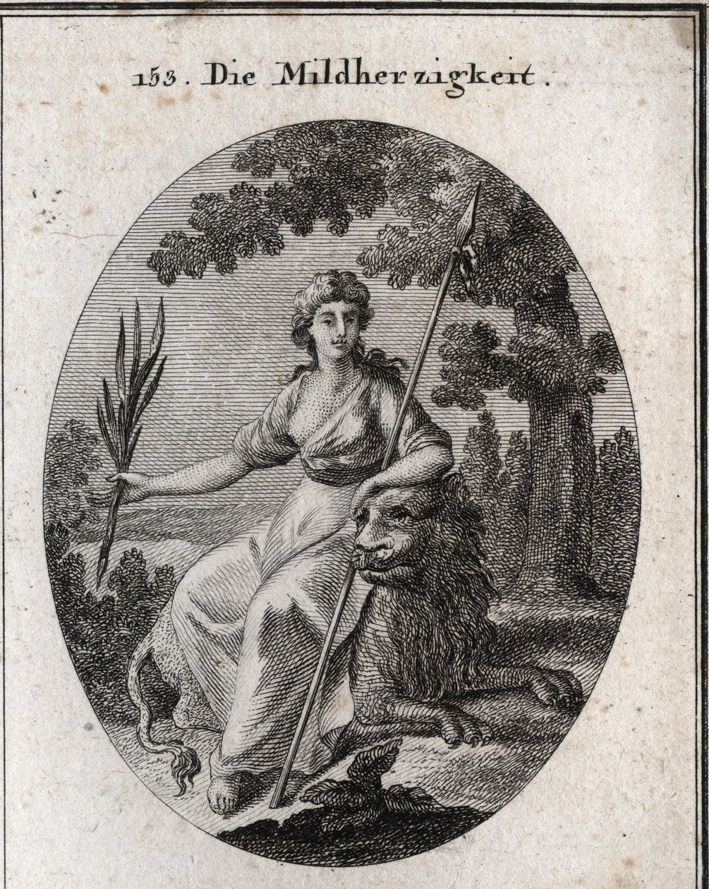Clemence alegorisi. Cezalandırma ve aynı zamanda affetme gücüne sahip olduğunu belirtmek için bir mızrak ve bir zeytin dalı tutarak temsil edilir. Aslan, cömertliğin özelliğidir. Gravür, Iconologie oder Ideen aus dem Gebiete der Leidenschaften un by Austrian School