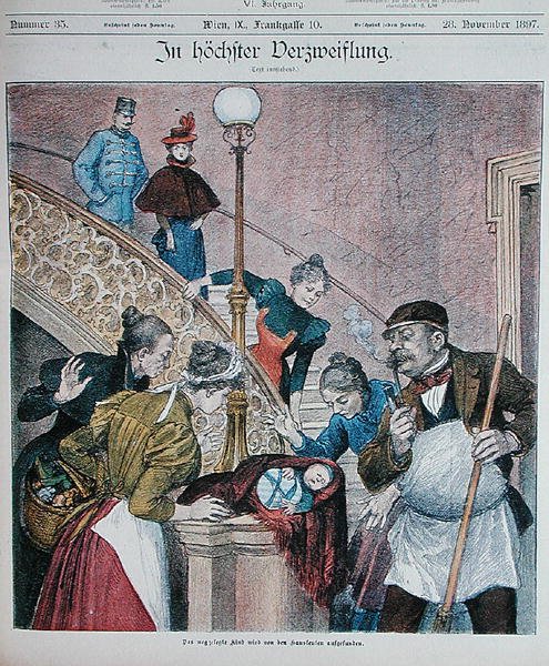 Bir apartman bloğunun merdiveninde terk edilmiş bir bebeği tasvir eden bir Avusturya dergisinin kapağı, 28 Kasım 1897 (renkli lito) by Austrian School