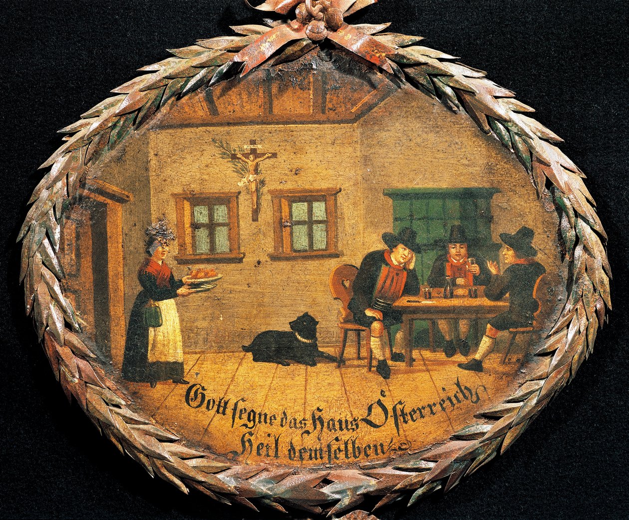 Han ve garsonda masada oturan müşteriler, han için oval tabela, Avusturya by Austrian School