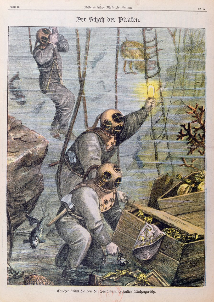 Korsanlar tarafından kiliselerden yağmalanan hazineleri bulan dalgıçlar, 1897 by Austrian School