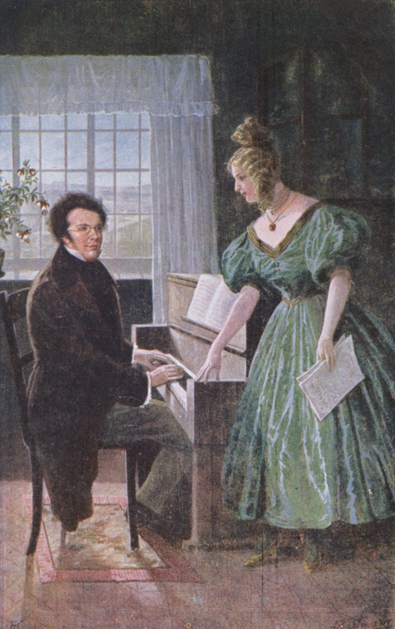 Franz Peter Schubert (1797-1828) piyano çalıyor, kartpostal c.1910 by Austrian School