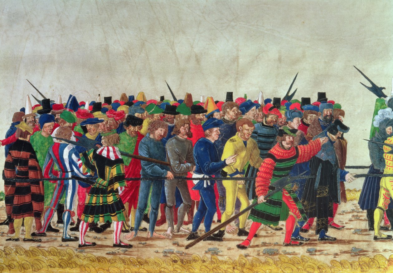 Fransız mahkumları koruyan Maximilian I (1459-1519) teberleri by Austrian School