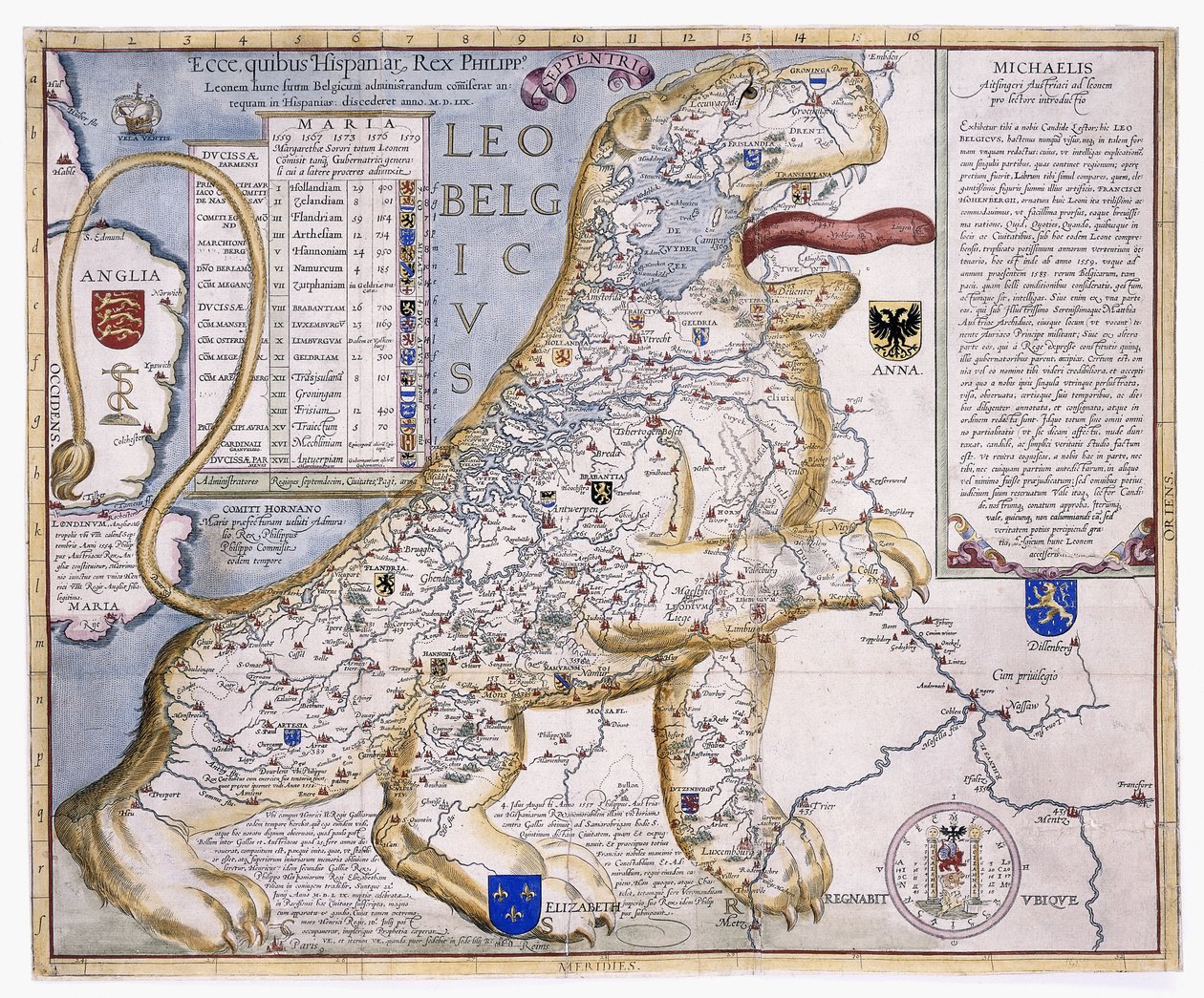 Leo Belgicus, Alçak Ülkeleri aslan şeklinde gösteriyor, 1586 by Austrian School