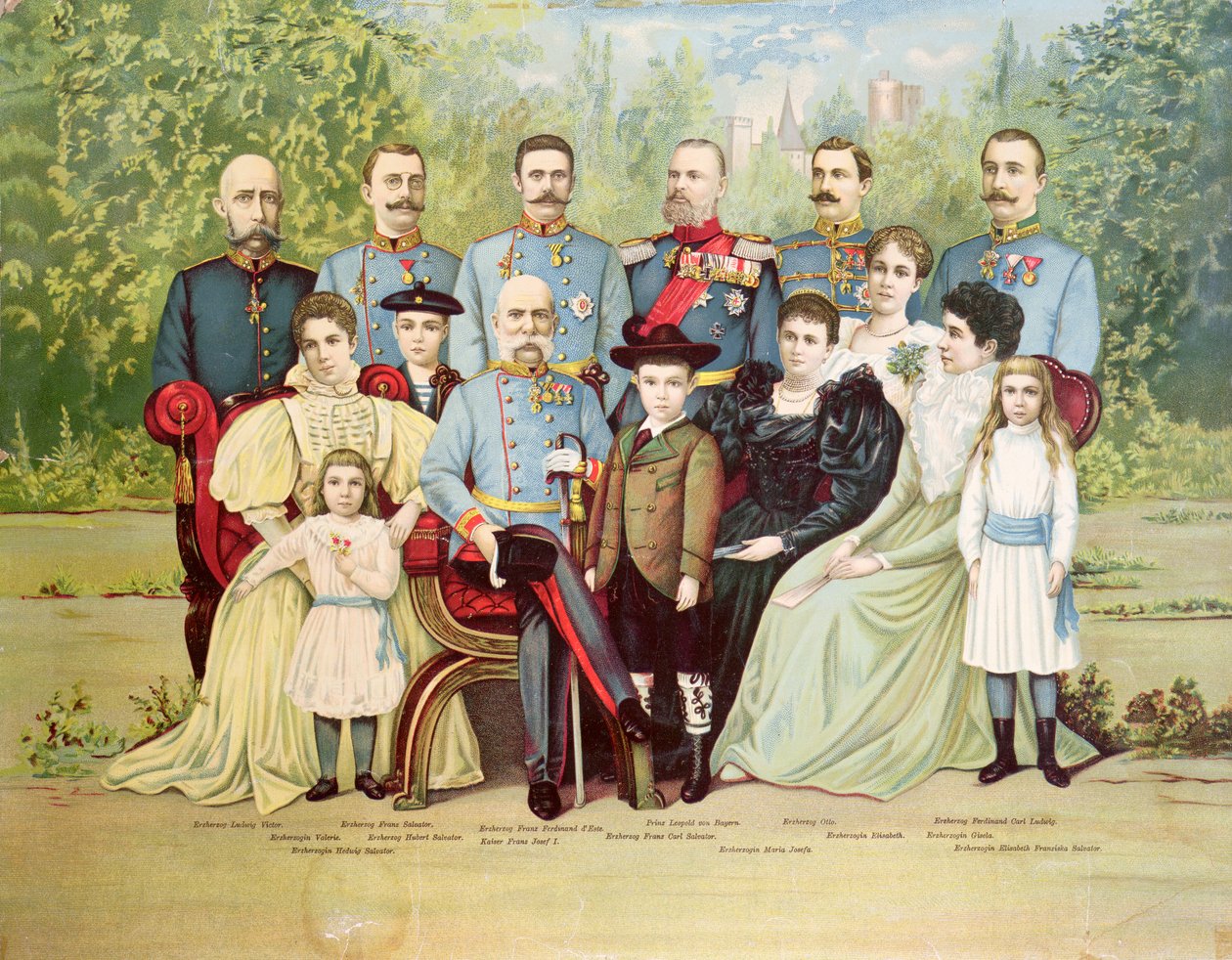Avusturya İmparatorluk ailesinin üyeleri, İmparator I. Franz Joseph (1830-1916) c.1900 etrafında toplandı by Austrian School
