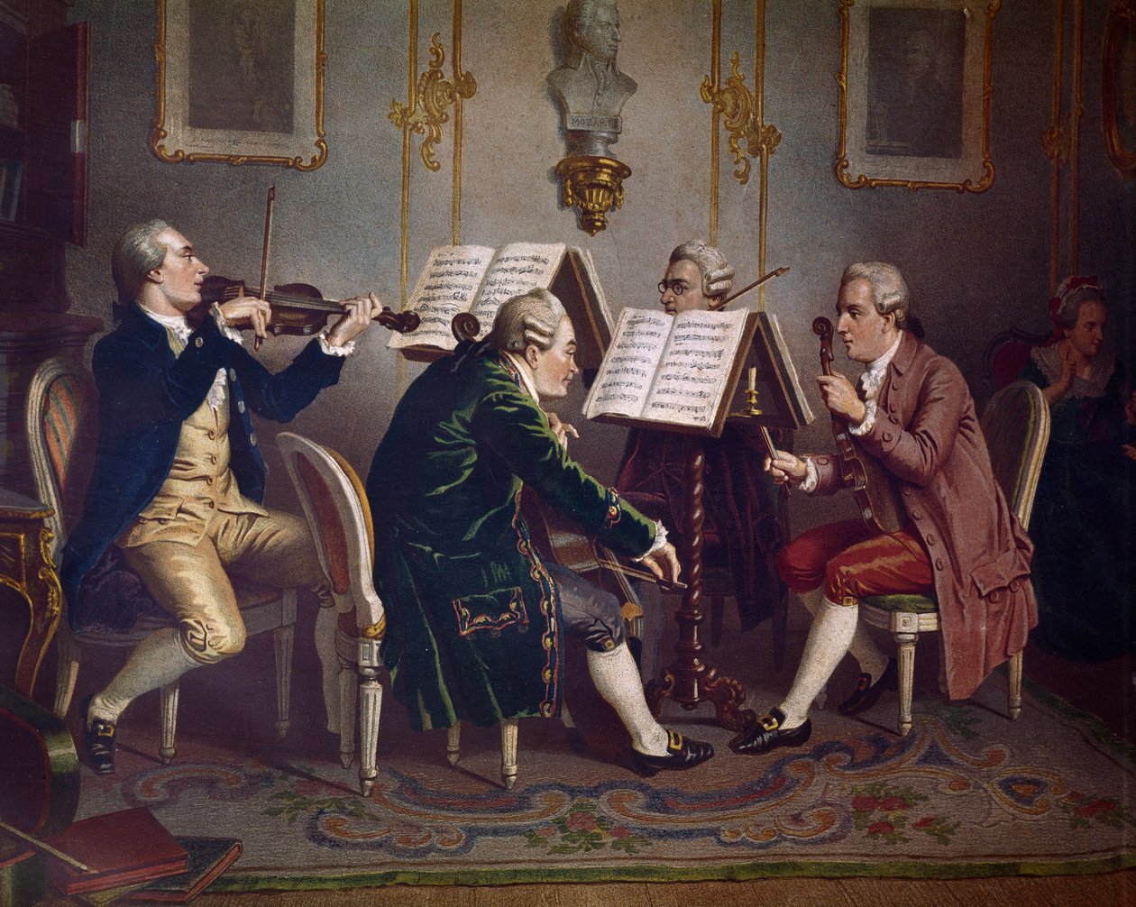 Bir Mozart'ın eserini çalan yaylı çalgılar dörtlüsü (Oda müziği) (Litografi by Austrian School