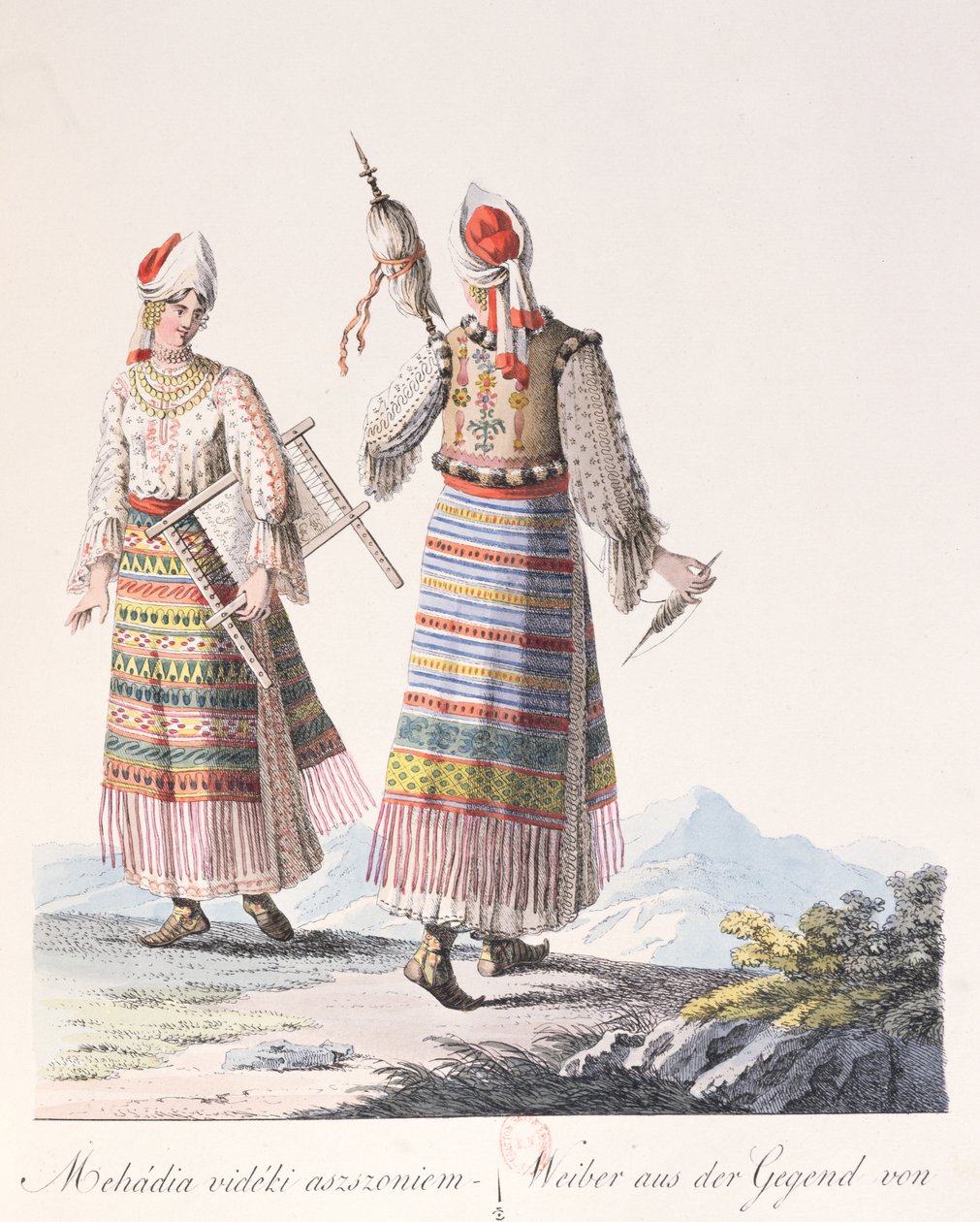 Mehadia bölgesinin geleneksel kıyafetleri içindeki kadınlar, JH de Bikkesy'nin Kostümleri de Hongrie adlı kitabından bir örnek, 1810 (renkli gravür) by Austrian School