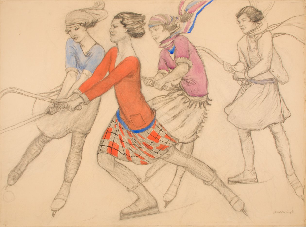 Buz üzerinde hokey (kağıt üzerine suluboya ve mürekkepli kalem) by Averil Mary Burleigh