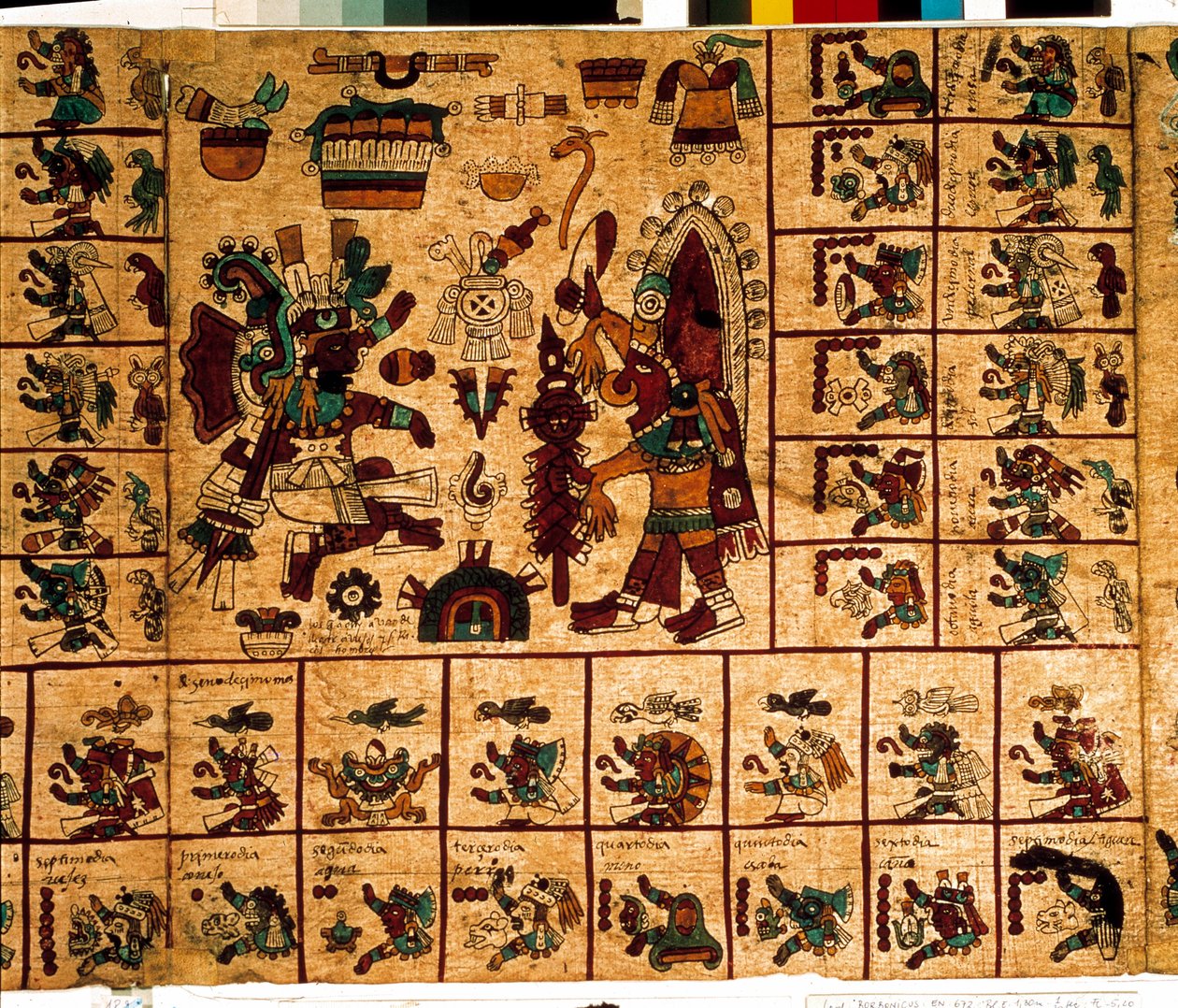 Aztek tanrılarının temsili ve takvime karşılık gelen kutular. 15. yüzyılın sonlarında Orta Meksika'nın Kolombiya öncesi yerli kodeksi olan “Codex Borbonicus” kabuğu üzerine Aztek el yazmasının sayfası. Ulusal Meclis Kütüphanesi (Palais Bourbon). by Aztec