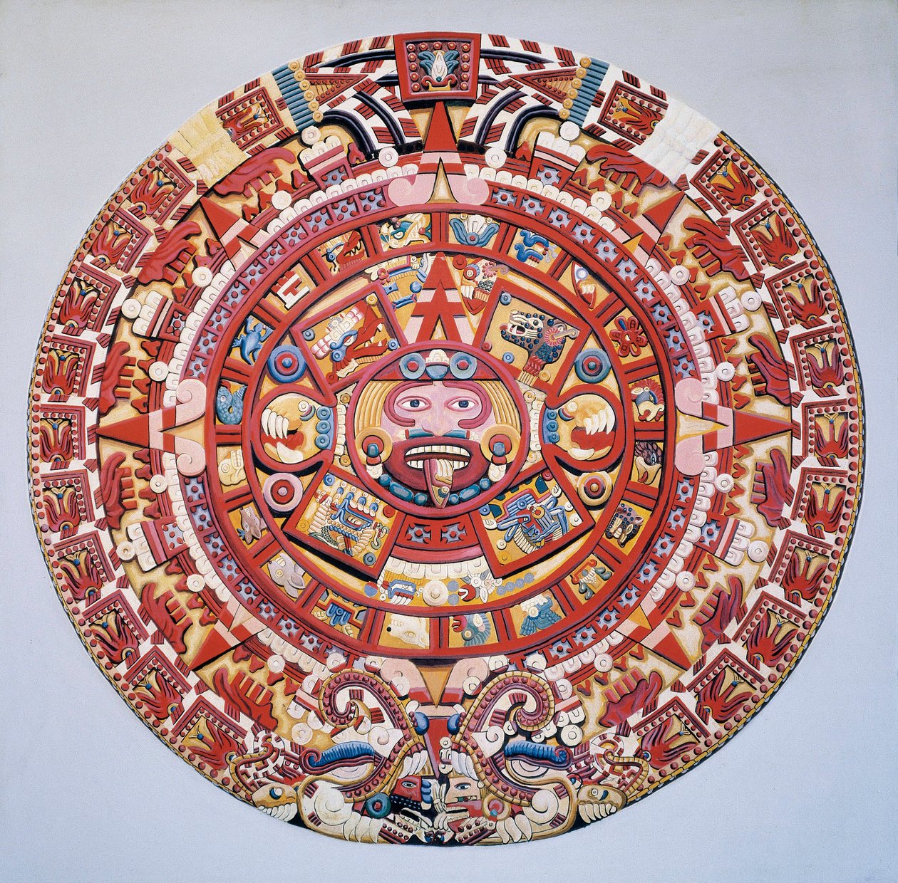 Kolomb öncesi medeniyet: Aztek takvimi (Güneşin Taşı): Aztek takvimini ve kozmogonisini temsil eden disk (Tonalpohualli) by Aztec Aztec