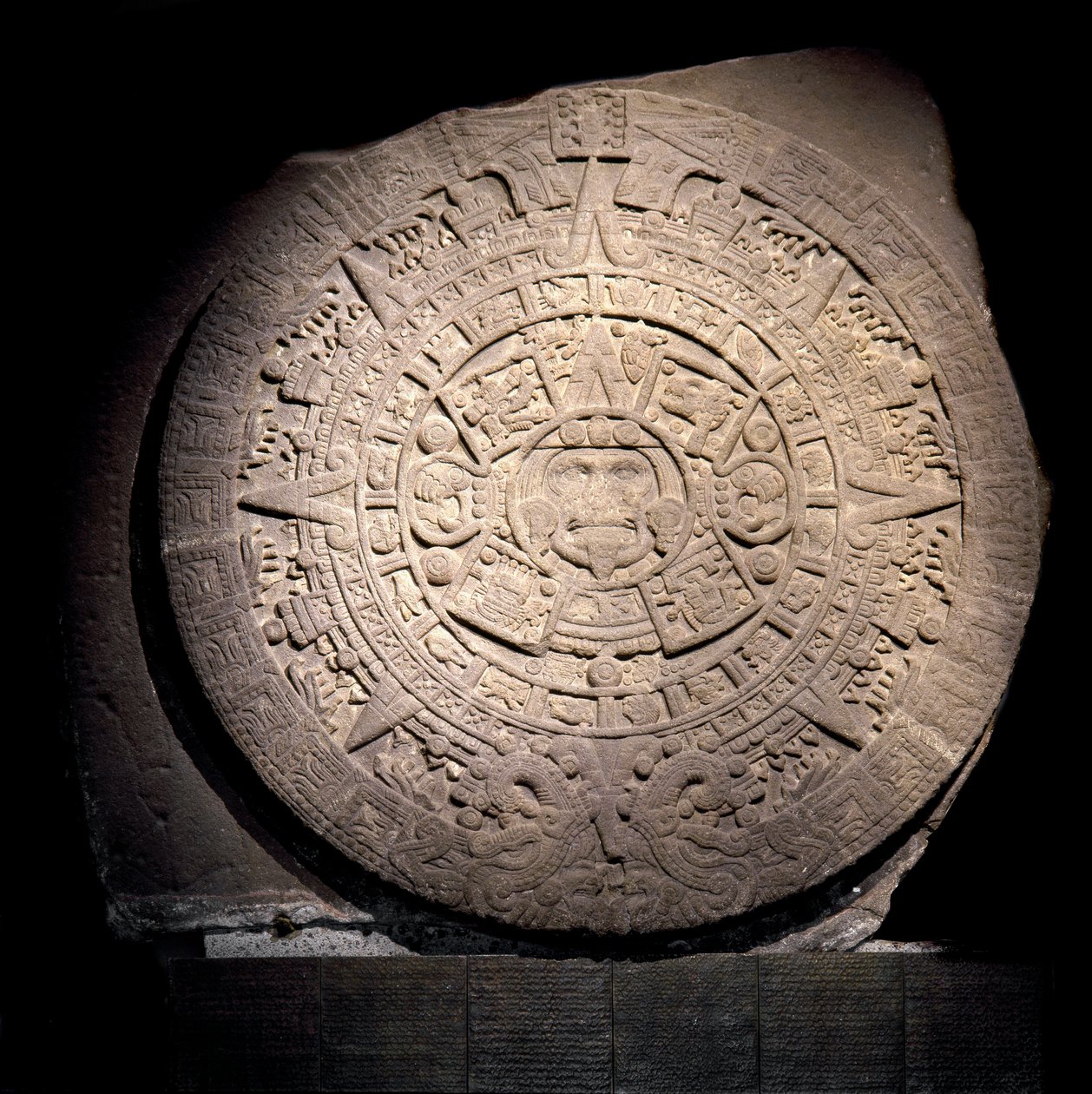 Precolombian civilization: the Aztec calendar (Sun Stone): 3 m diameter stone disc representing the Aztec calendar and cosmogony, Au centre est represents the divinite of the Sun Tonatiuh, Coming from Tenochtitlan - Mexico City, national museum of anthropo by Aztec Aztec